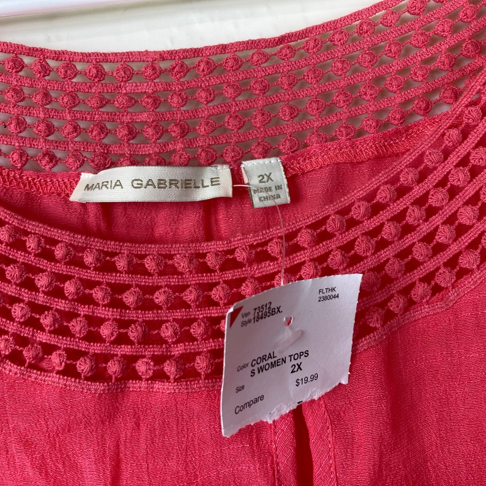 NEW Maria Gabrielle Blouse Women 2X Coral‎ Crochet Lace Keyhole Boho Top Coastal - Picture 4 of 9